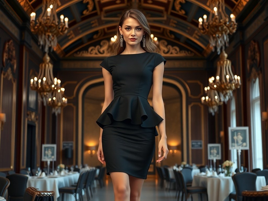 A fashion model in a peplum black dress with cap sleeves, showcasing a fitted silhouette and elegant styling.