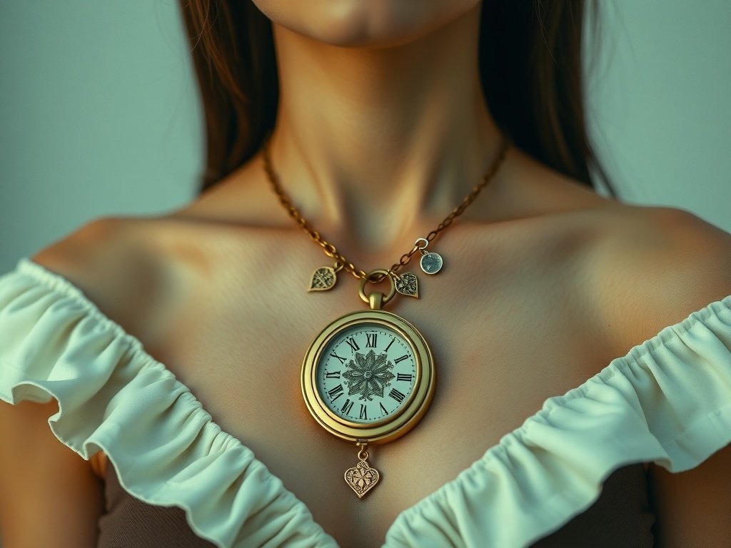 Close-up of a vintage locket necklace with intricate design, displayed elegantly on a model.