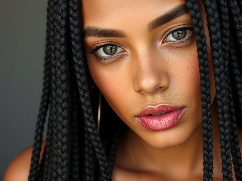 Close-up of a woman with cornrow braids, showcasing intricate patterns and cultural expression.
