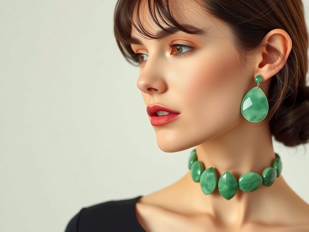 Tapered jade teardrop earrings and collar necklace set showcasing modern elegance.