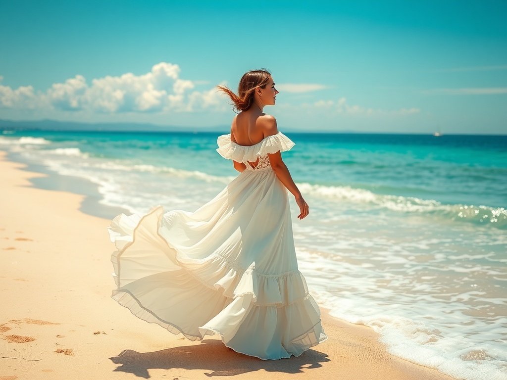 A woman wearing an off-the-shoulder ruffle maxi dress walking along the beach, with waves in the background.