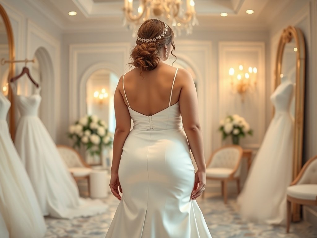 Bride in an empire waist wedding dress in a bridal salon.