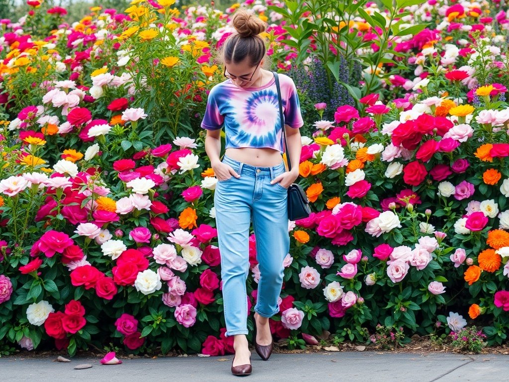 A person wearing a tie-dye crop top and low rise jeans, standing in front of a colorful floral background.
