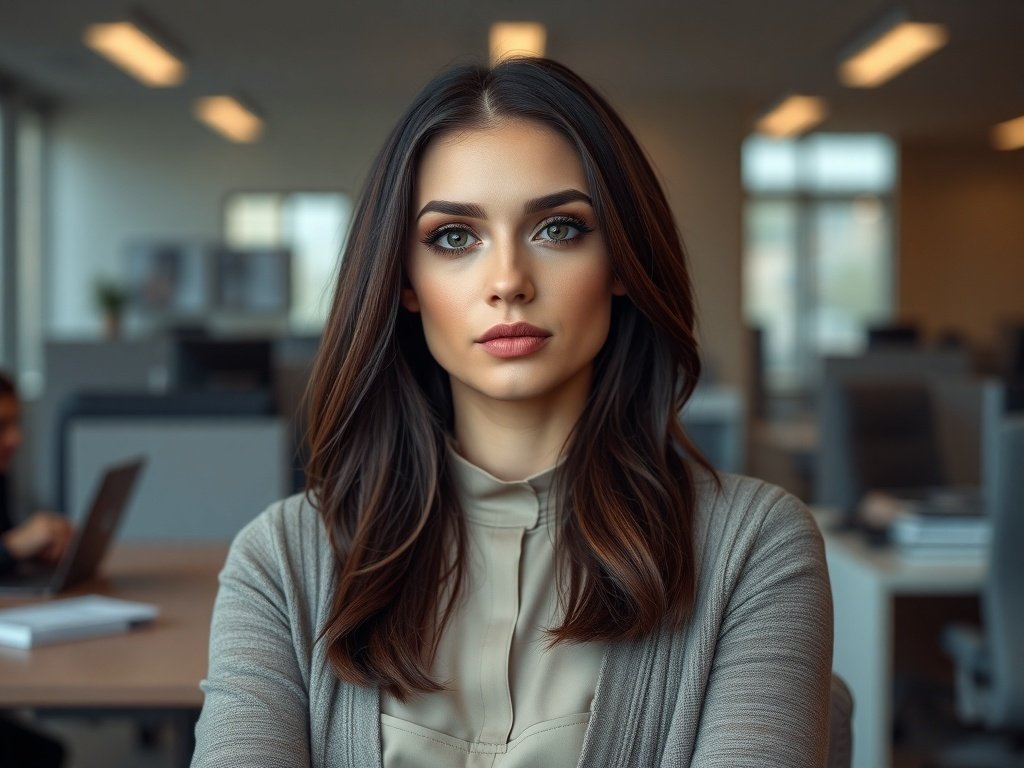 A woman with a brown smokey eye makeup look, showcasing a professional appearance in an office setting.