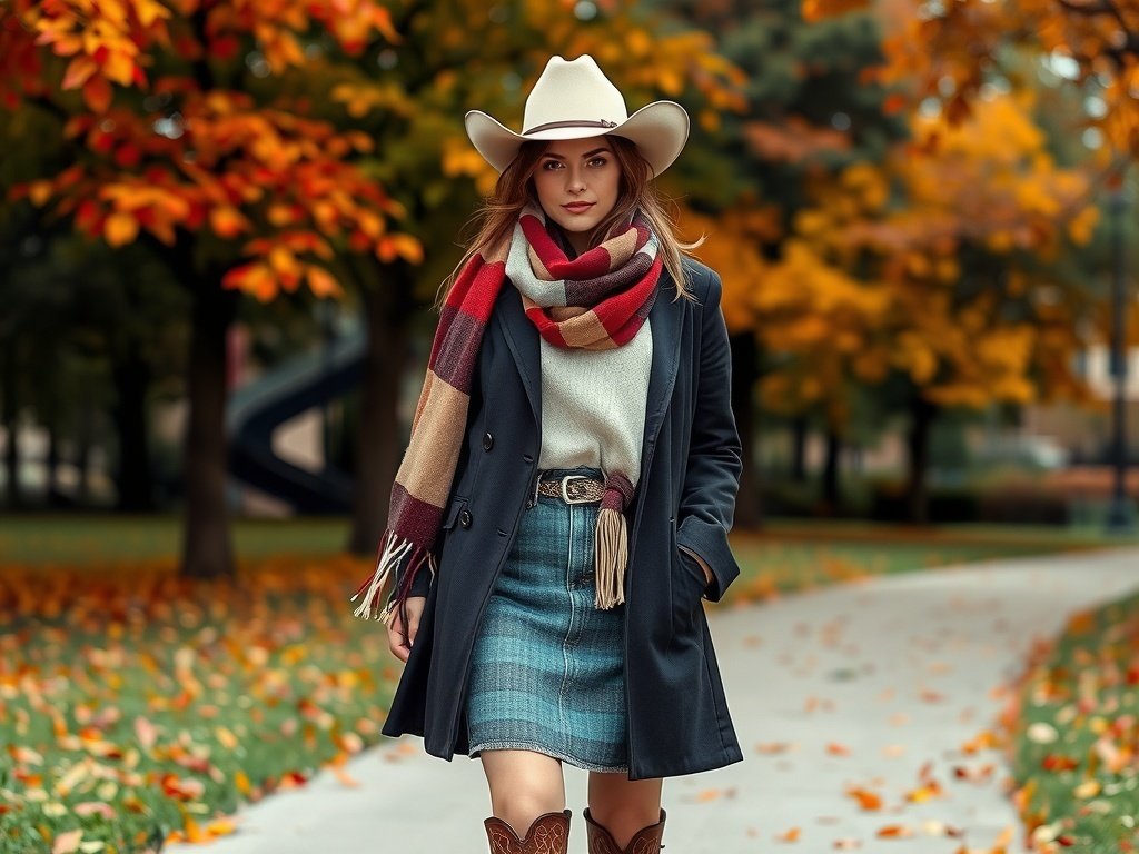 A model wearing a stylish scarf and tailored coat in a fall background with colorful leaves.