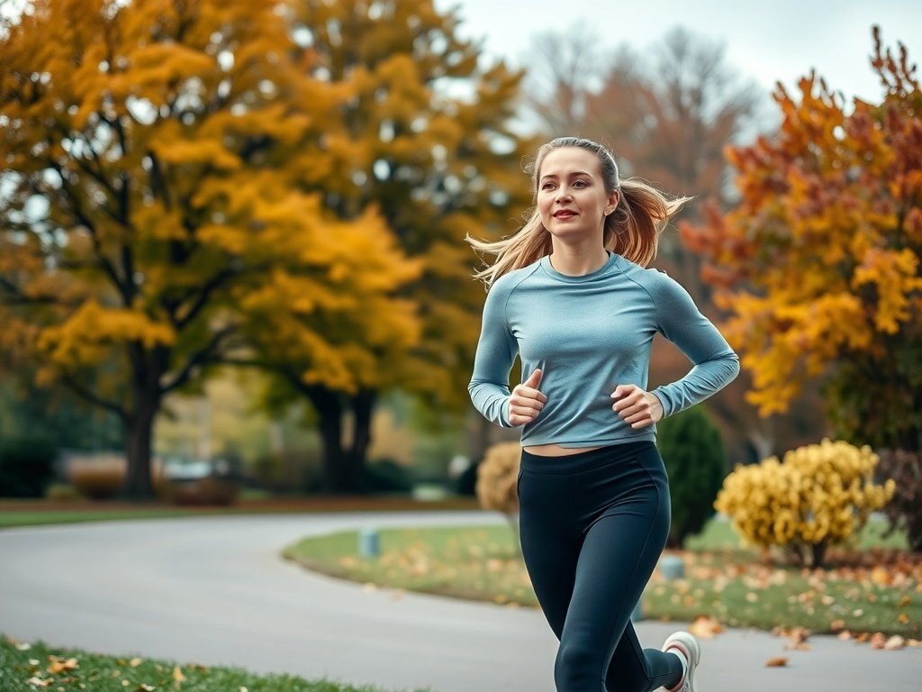 A model jogging in a park during fall, wearing a blue long-sleeve top and black leggings, surrounded by colorful autumn trees.
