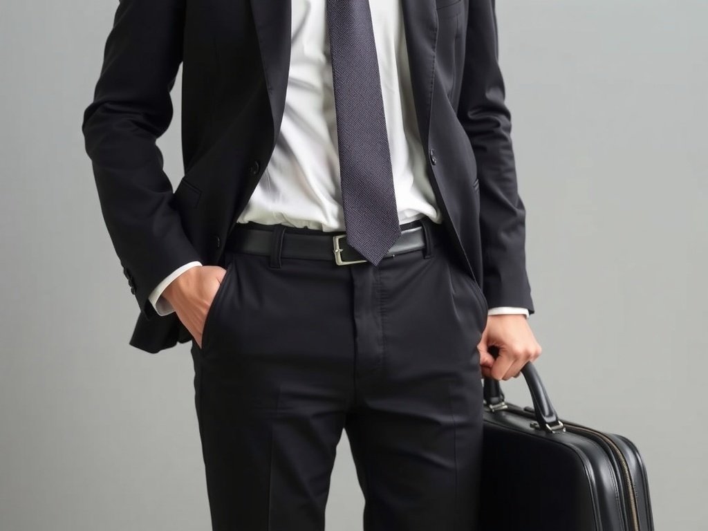 A professional man in a black and white corporate suit, complete with a shirt, tie, briefcase, and matching shoes, shown from head to toe.