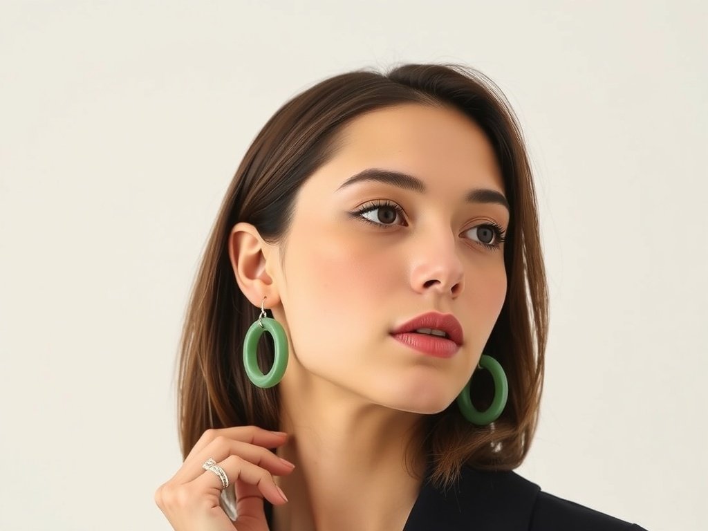 Modern jade hoop earrings and a stackable ring set