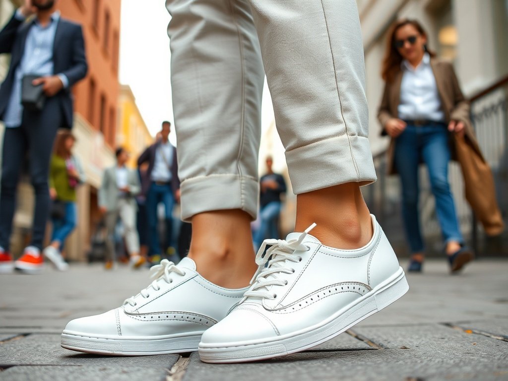 A pair of stylish white leather sneakers worn with tailored black trousers on a city street.