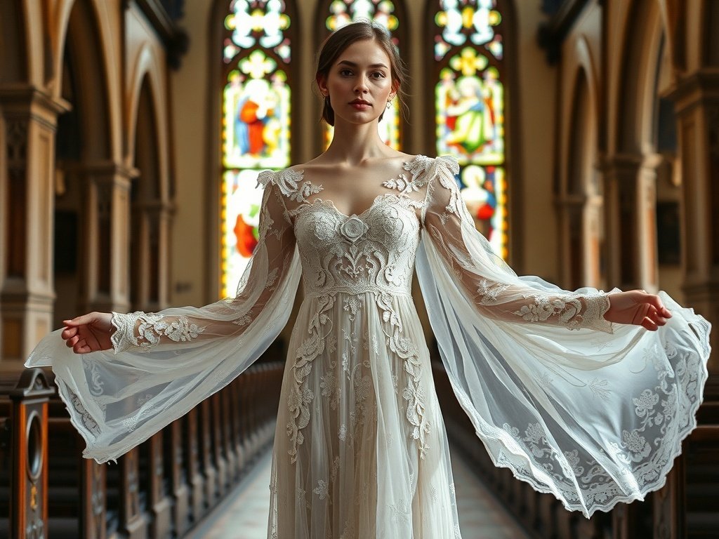 A model in a bohemian lace gown with flowy sleeves, set in a vintage hall with stained glass windows.