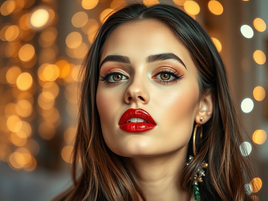 Close-up of a woman's lips adorned with red glitter lipstick, showcasing a matte skin finish and a festive background.