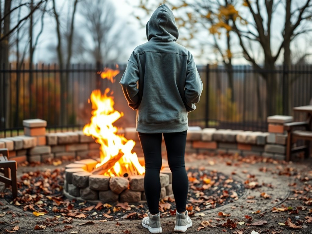 A person wearing fleece-lined leggings and an oversized hoodie, standing by a fire pit surrounded by autumn leaves.