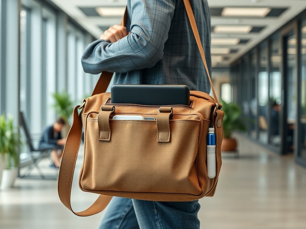A stylish recycled material messenger bag with tech-friendly compartments, held by a person in a modern office setting.