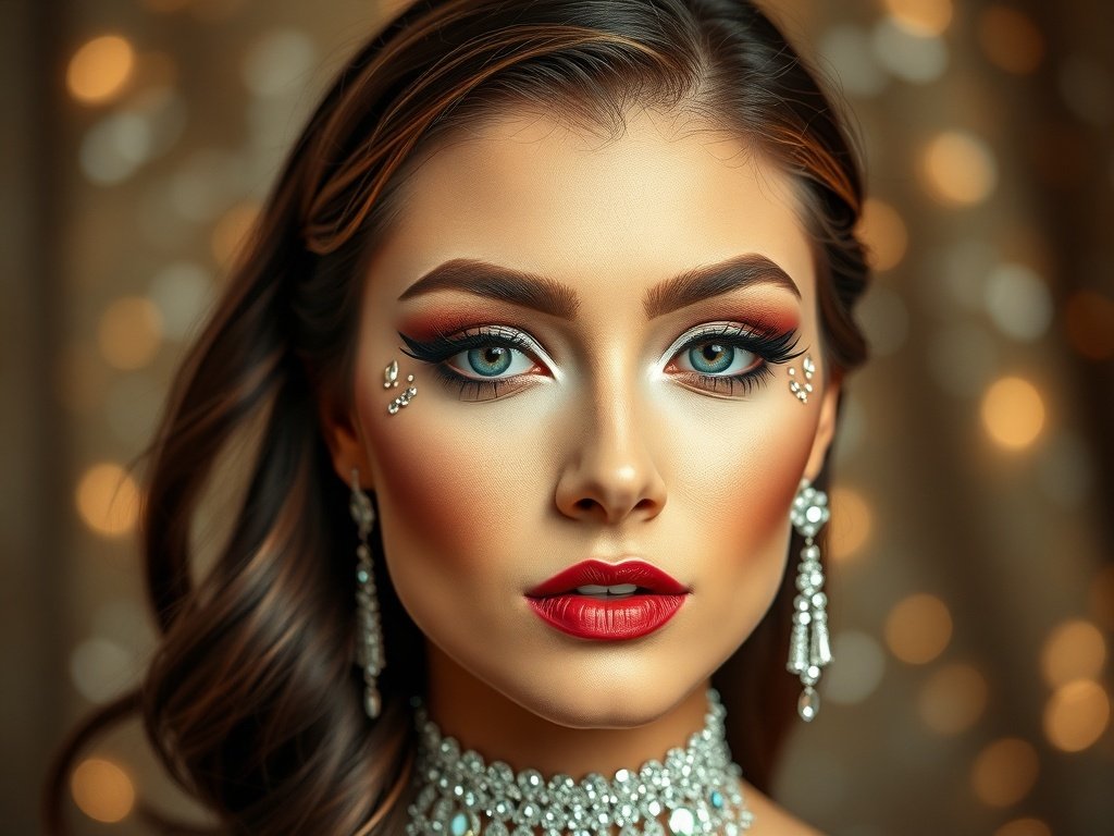 A glamorous makeup look featuring a full glam cut crease with rhinestones, bold red lips, and sparkling earrings.