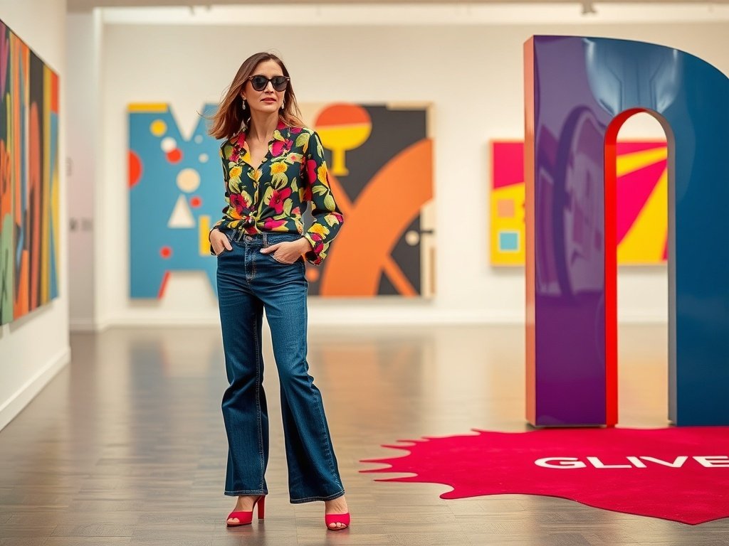 A woman in colorful attire with wide leg jeans stands in an art gallery.