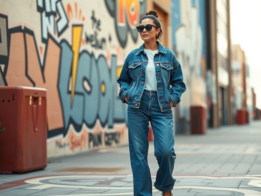 A woman wearing wide leg jeans and a denim jacket, posing confidently in front of a colorful graffiti wall.