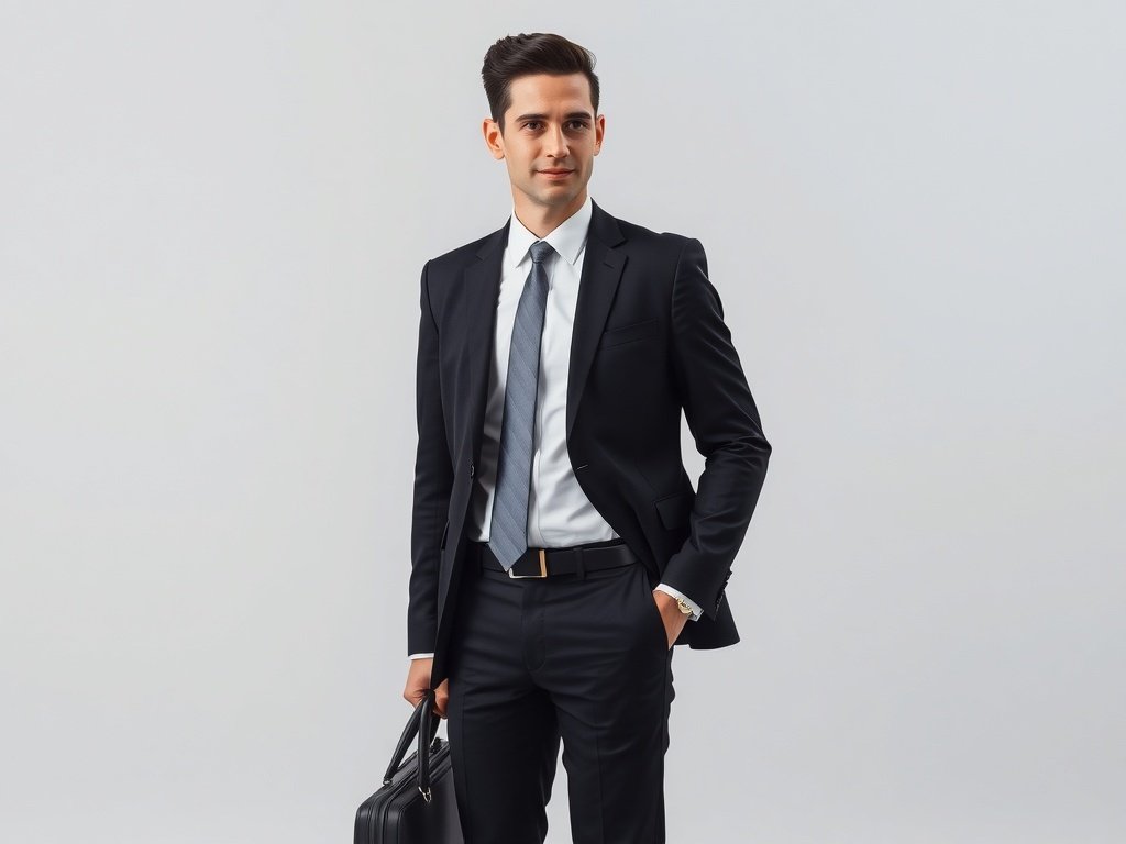 A professional man dressed in a black and white corporate suit, complete with a shirt, tie, briefcase, and matching shoes, standing confidently.