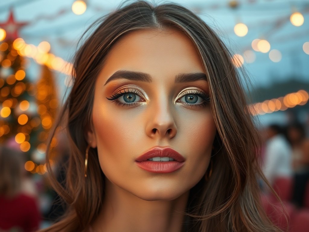 A close-up of a model showcasing gold foil eye makeup and nude glossy lips, exuding a festive and glamorous look.
