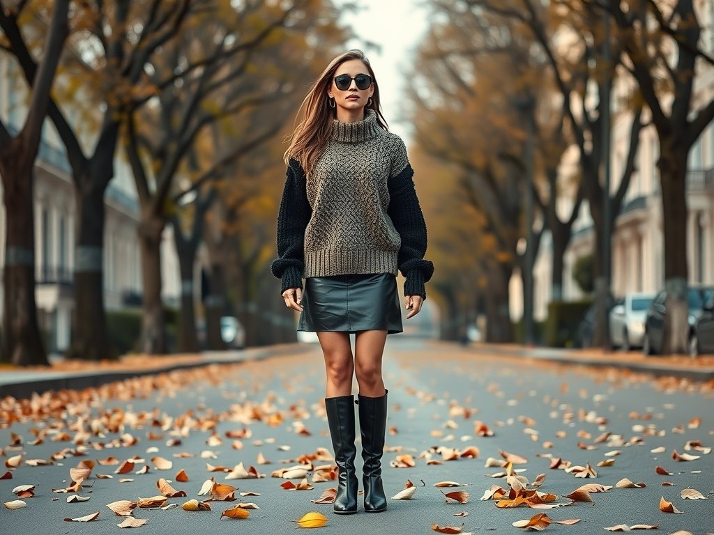 Fashion model wearing a chunky knit sweater and leather mini skirt in an autumn setting.