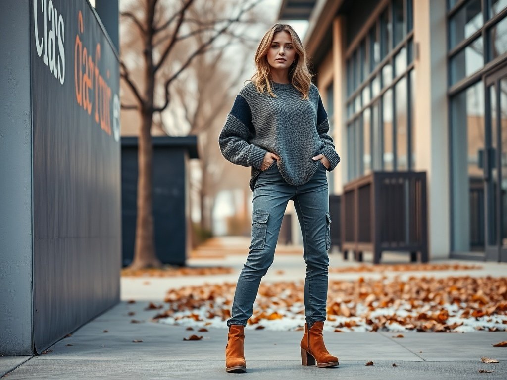 Model wearing cargo jeans and a relaxed fit sweater with matching boots in an autumn setting.