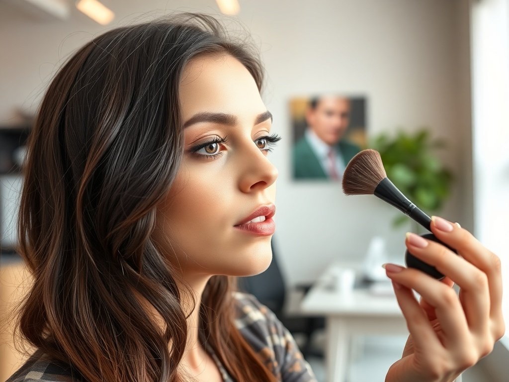 A woman applying makeup with a brush in an office setting, showcasing a soft matte finish and neutral tones.