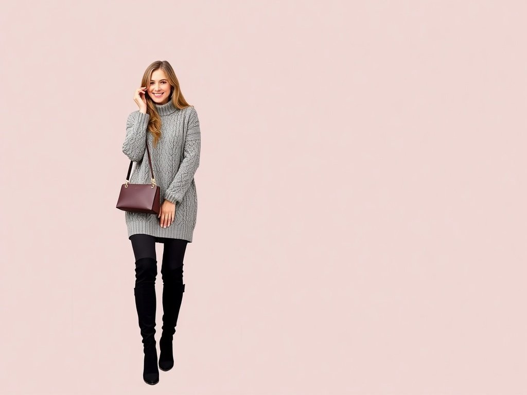 A woman in a cozy sweater dress with knee-high boots, holding a handbag and wearing sunglasses.