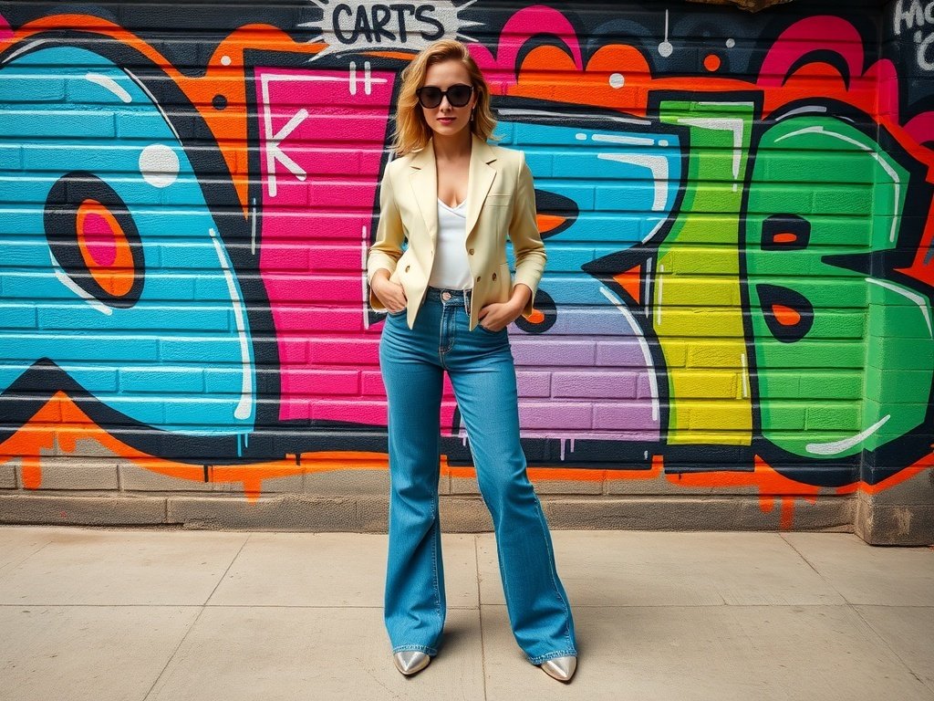 A stylish woman wearing wide leg jeans and a cropped blazer, standing in front of a colorful graffiti wall.