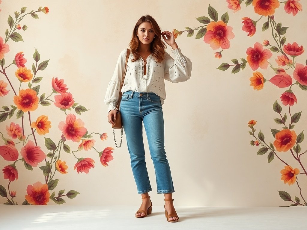 A woman in a flowing blouse and low rise jeans stands against a floral background, showcasing a casual chic outfit.