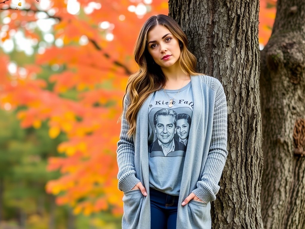 A model wearing a layered cardigan over a graphic tee, standing by a tree with autumn leaves.