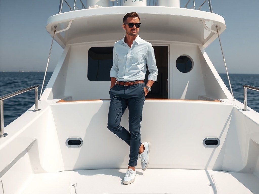 A man in a light blue shirt and navy pants standing on a yacht, wearing white sneakers and sunglasses.