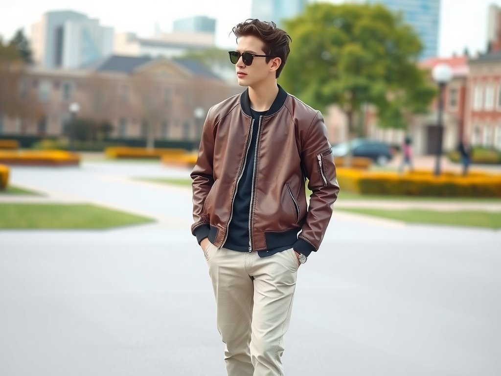 A man wearing a brown bomber jacket and chinos, walking in an urban park setting.