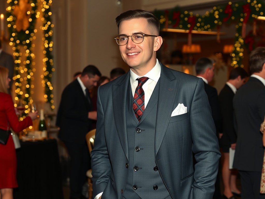 A man in a sophisticated three-piece suit with a neat haircut, smiling at a holiday gathering.