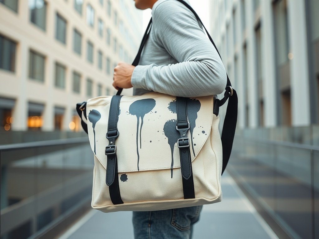 A minimalist canvas messenger bag with bold graphic typography, displayed in an urban setting.
