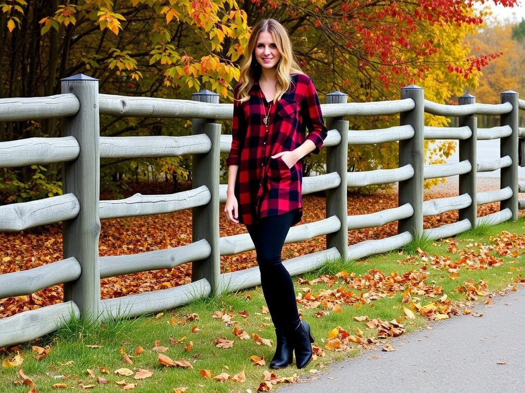 A woman in a plaid shirt dress and ankle boots standing by a wooden fence with autumn foliage in the background.