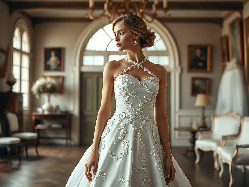 A model in a high-neck vintage bridal gown with floral embellishments, standing in a stylish vintage hall.