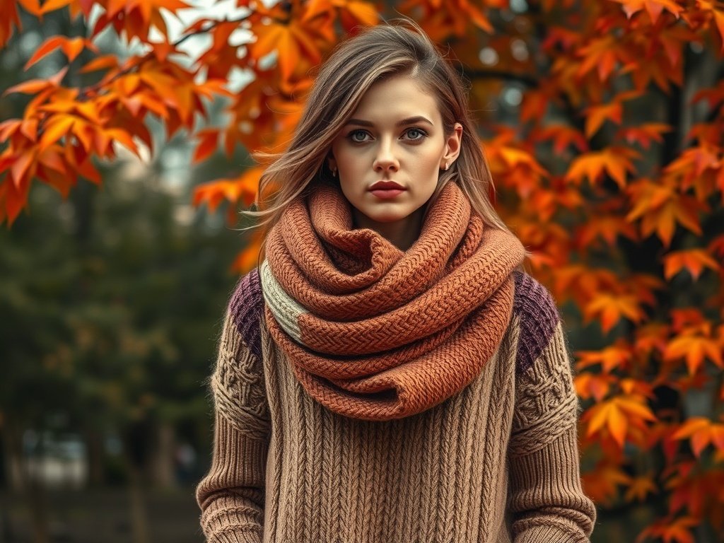 A model wearing a chunky knit sweater and a warm scarf in earthy tones, standing amidst autumn leaves.