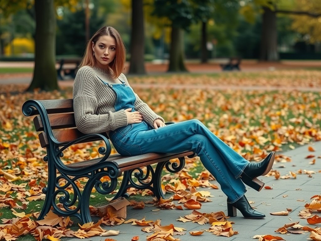 A model wearing denim overalls and a cozy gray sweater, sitting on a bench in a park filled with autumn leaves.