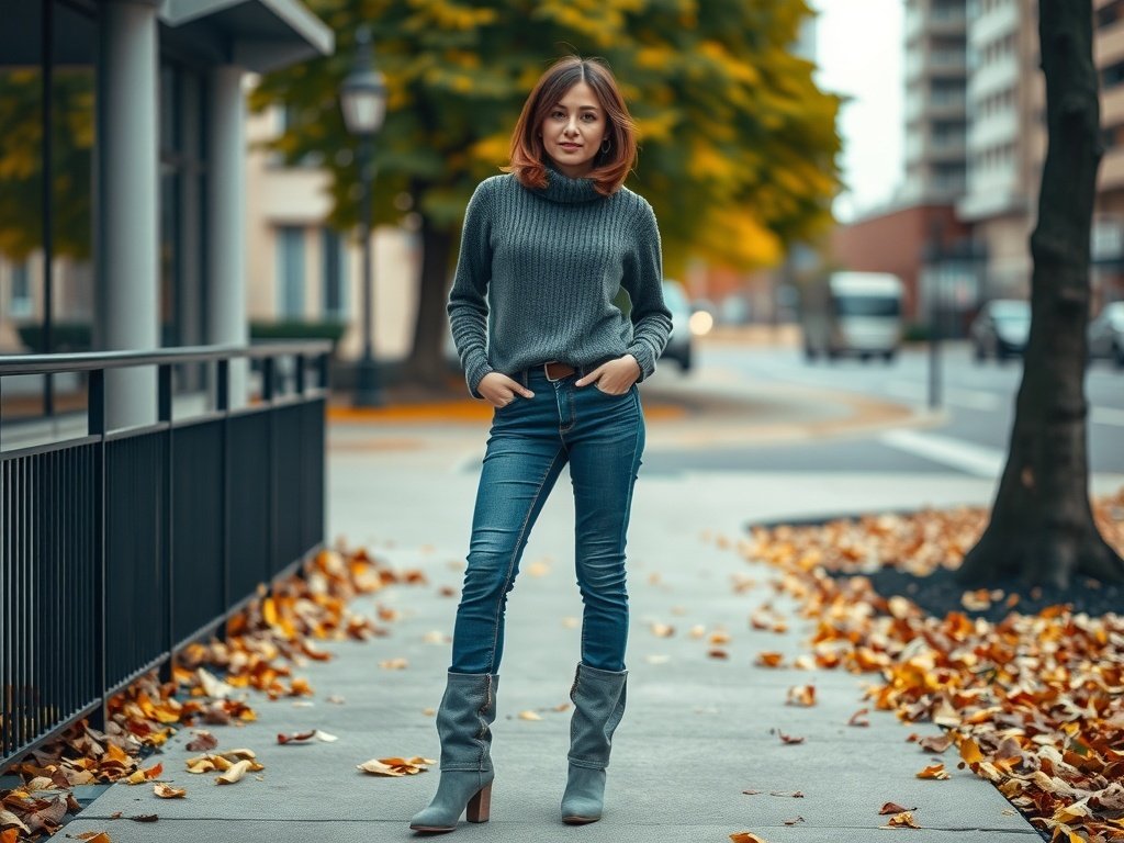 Fashion model wearing bootcut jeans and a fitted sweater, standing on a street with autumn leaves.