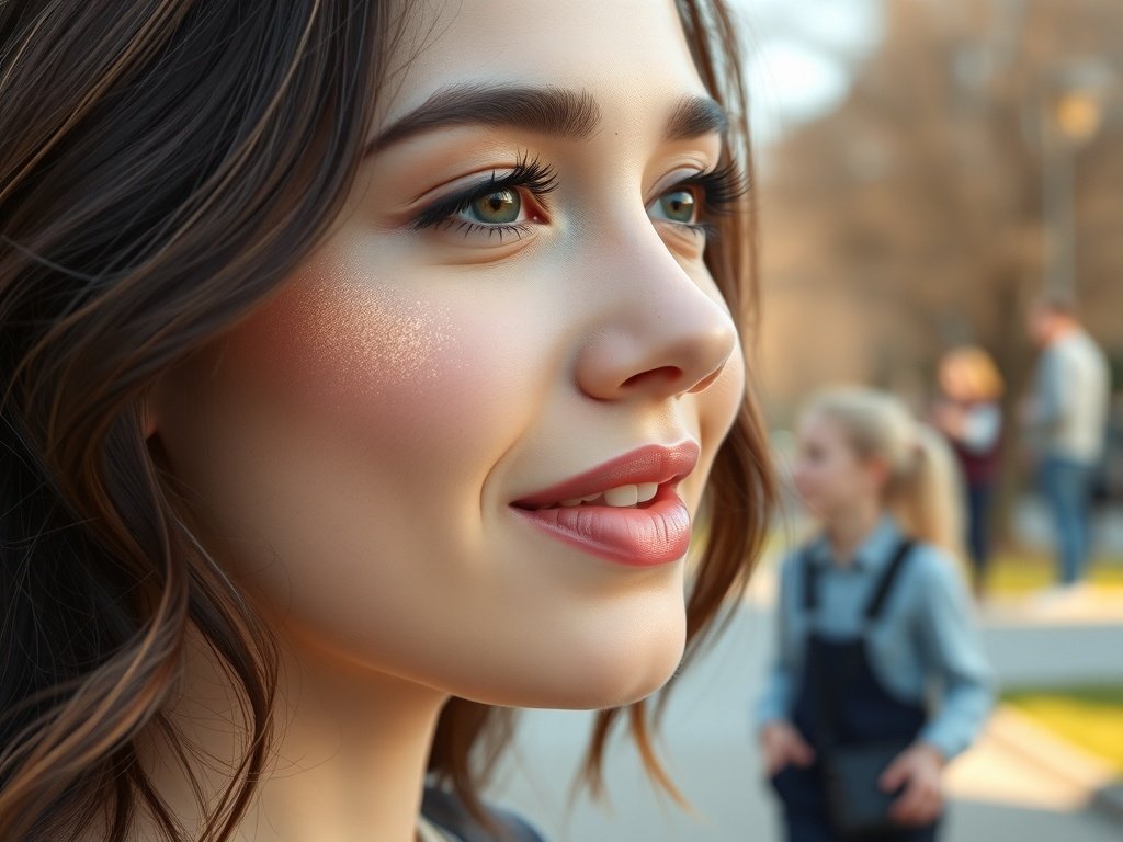 A young woman with dewy skin and glossy lips, showcasing a fresh and radiant makeup look.