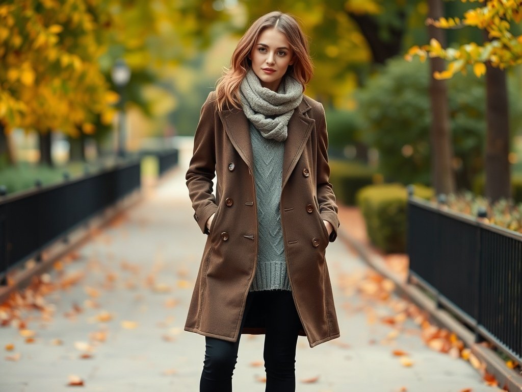 Fashion model wearing a stylish layered coat and scarf in an autumn outdoor setting.