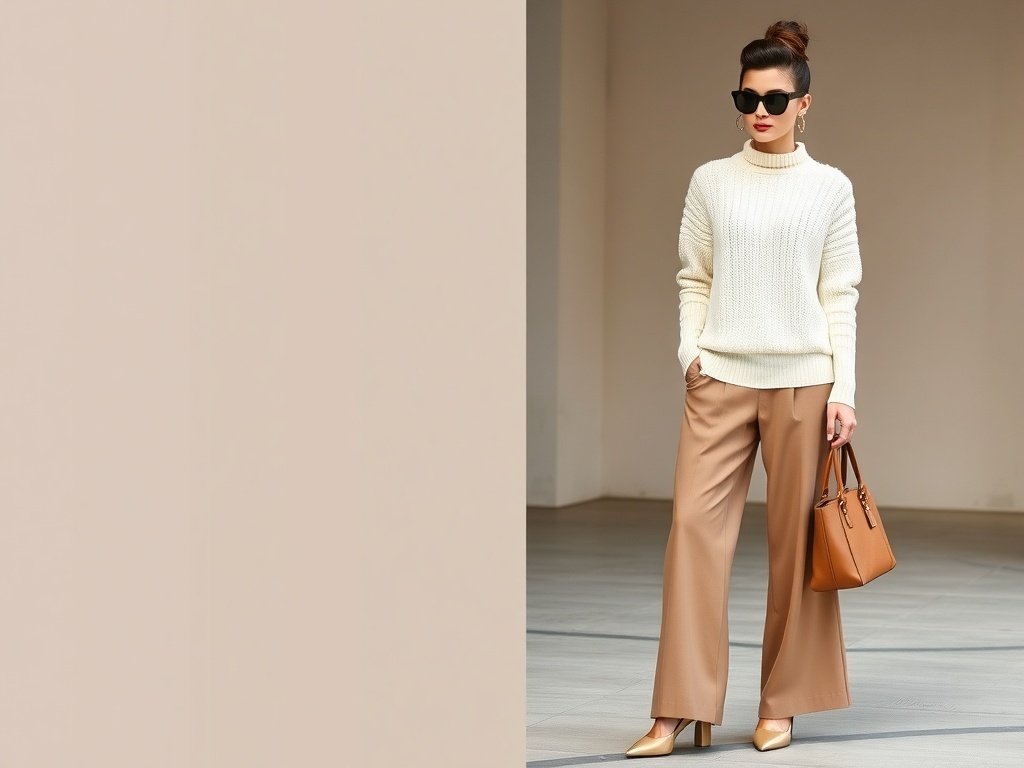 Fashion model wearing an ivory sweater with taupe wide-leg pants, matching shoes, handbag, and sunglasses.