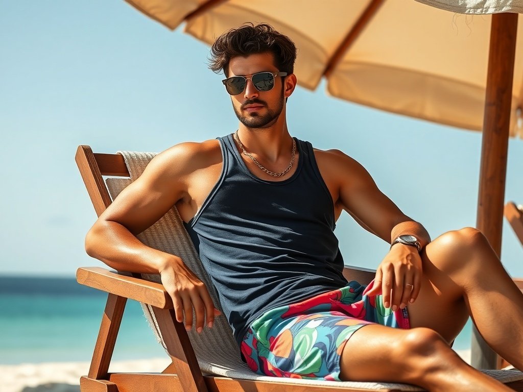 A model wearing a tank top and board shorts, lounging under an umbrella on a beach