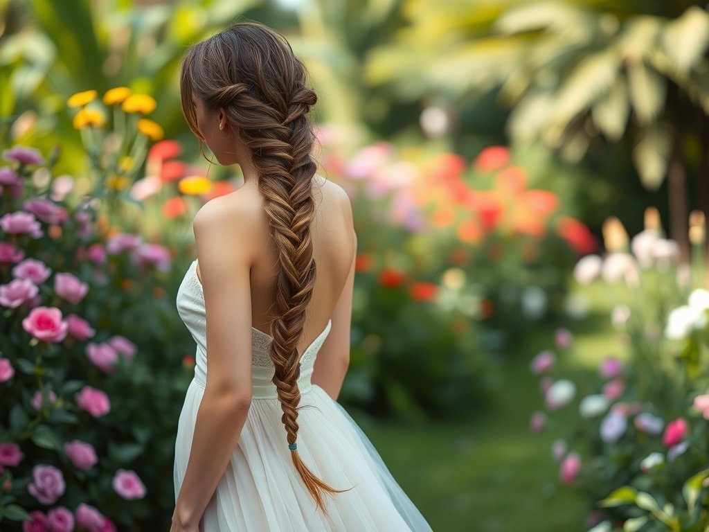 A woman with a soft waterfall braid standing in a colorful garden