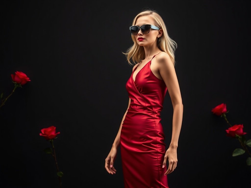Model in a red dress standing in a minimalist studio setting.