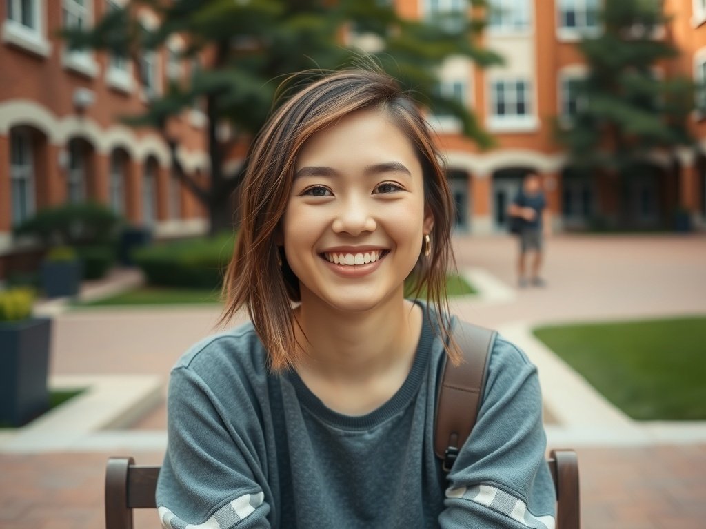 A smiling student with soft blush and well-groomed brows, sitting outdoors on campus.
