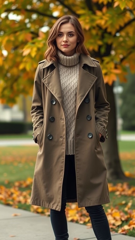 A classic trench coat worn over a chunky knit sweater, set against vibrant autumn leaves.