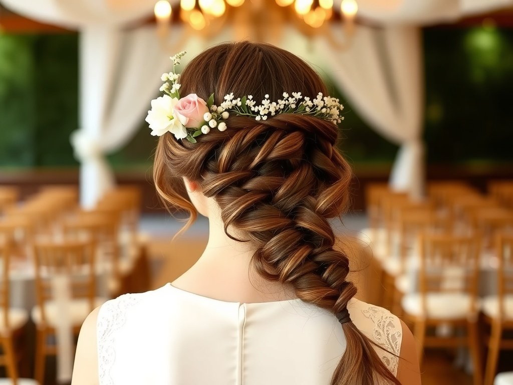 A woman with a halo braid hairstyle adorned with flowers, set in a romantic venue.