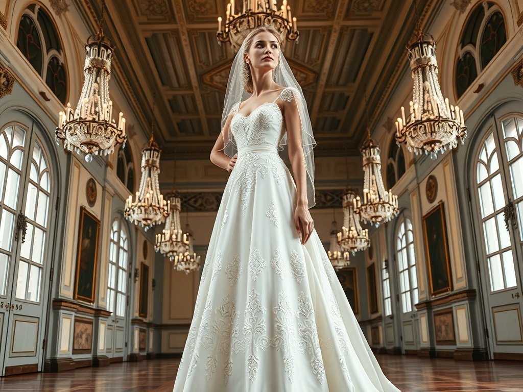 A model in a classic A-line bridal dress with lace accents, set in a vintage hall.