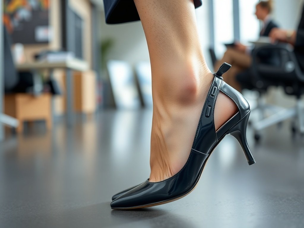 A close-up of a woman's foot wearing pointed slingback heels in a modern office setting.