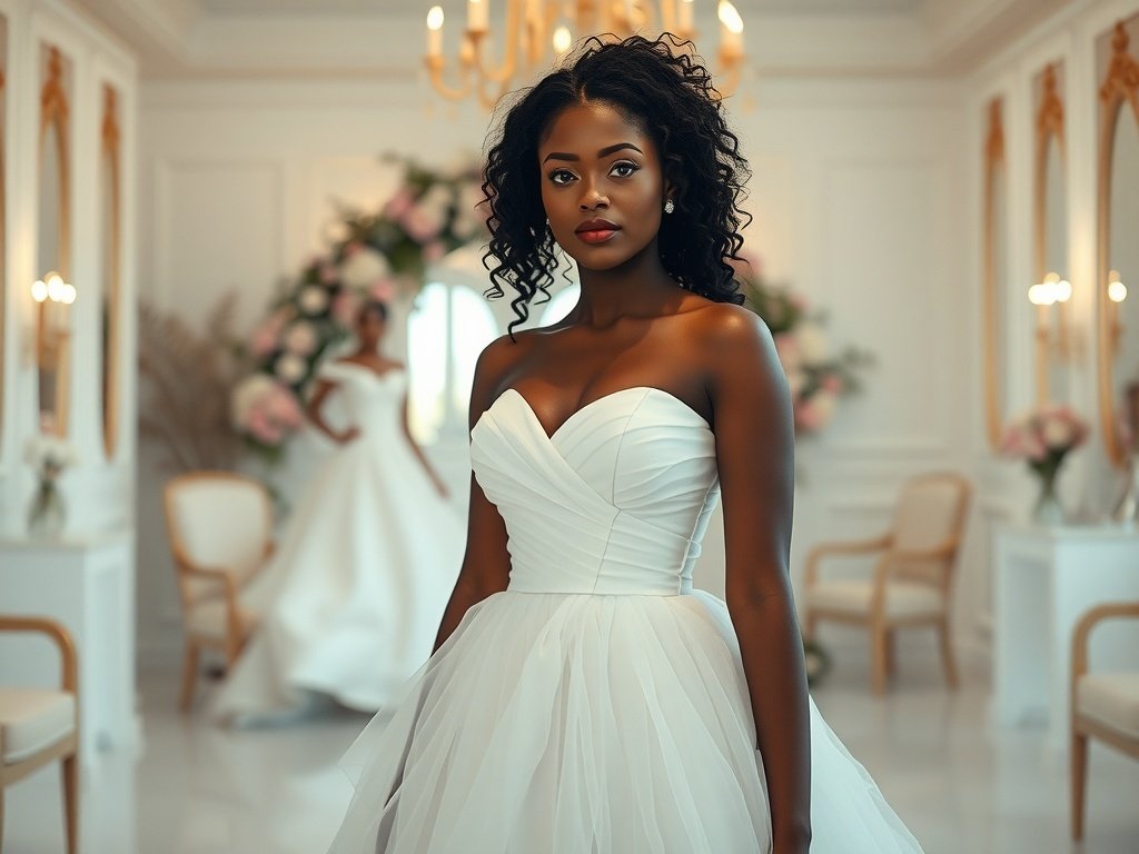 Bride in a sweetheart neckline wedding dress with a tulle skirt, set in an elegant bridal salon.